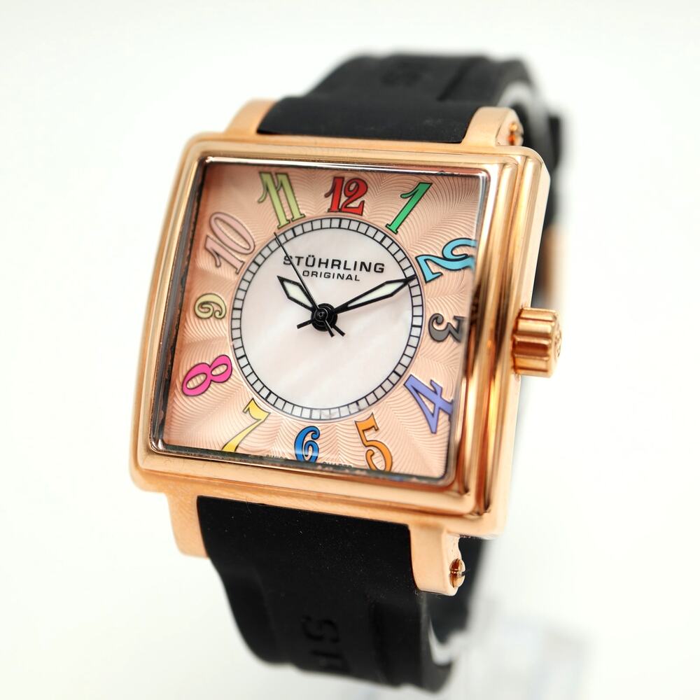 Stuhrling Original Ozzie Rose Gold Tone Swiss 35mm Square MOP Watch New Battery